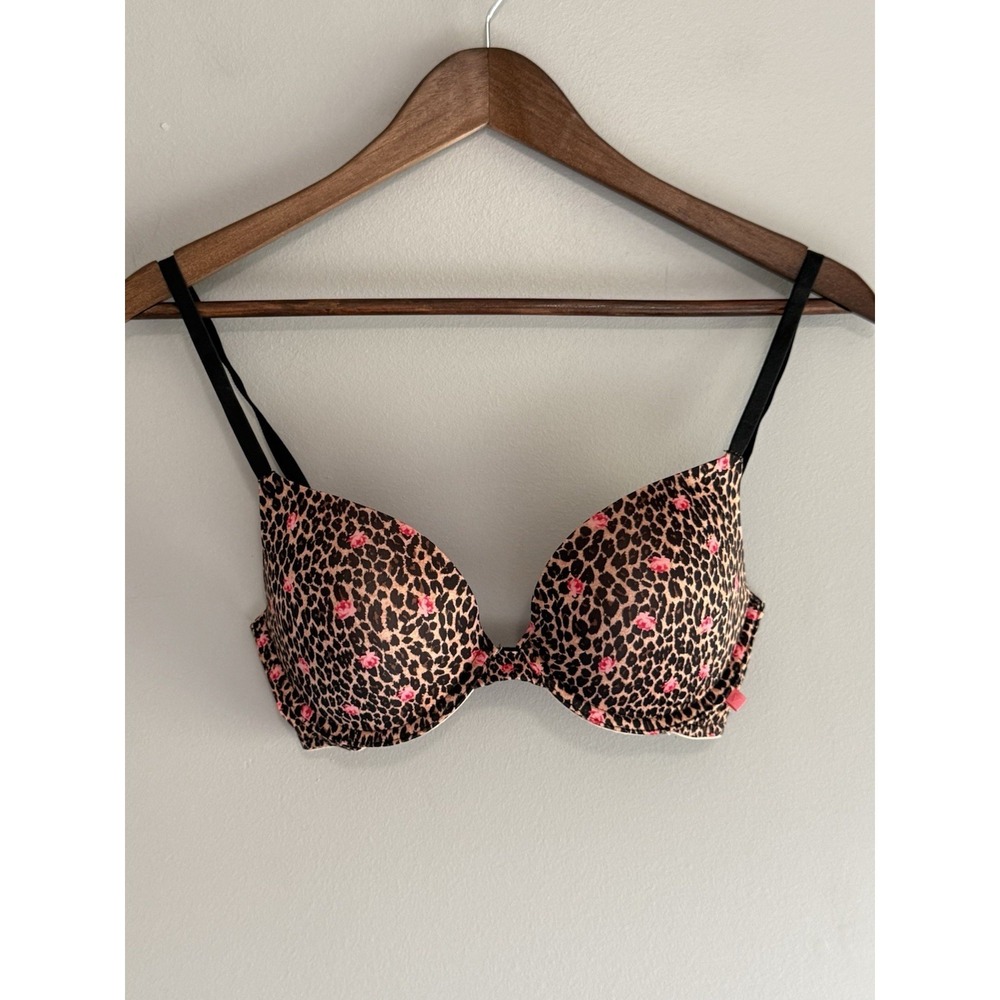 Victoria's Secret Leopard Floral Push Up Bra Padded Animal Print Adjustable 32D - Picture 14 of 15
